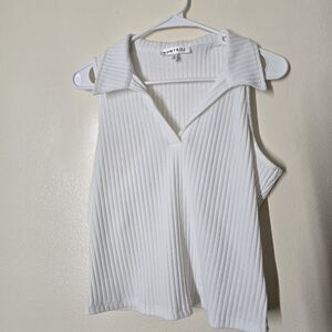 White Asymmetrical Ribbed Polo Tank Top